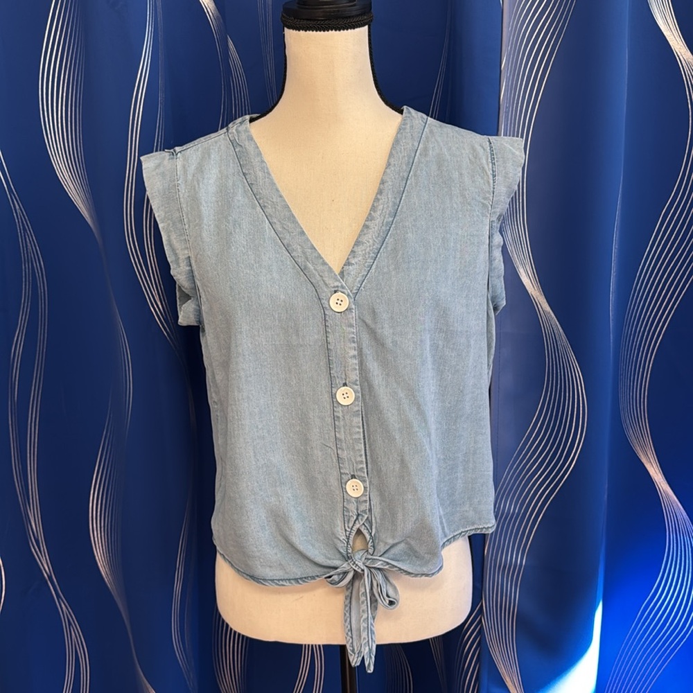 Light Blue Denim Sleeveless Button Down Top